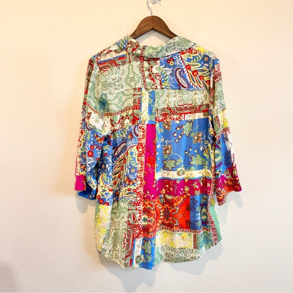 Boho Patchwork Print Button Down Shirt Rayon Top 1X Colorful Artsy Blouse - Picture 8 of 9